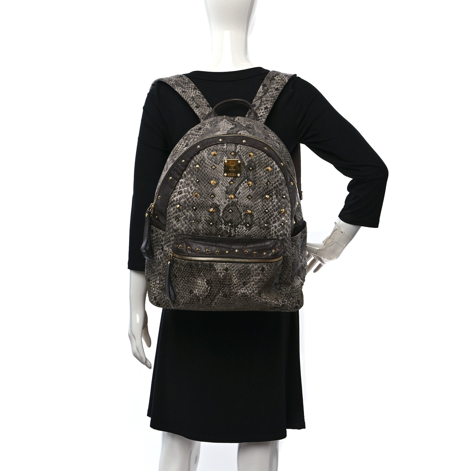 MCM Snakeskin Medium Studded Backpack Black Multicolor 2 of 15