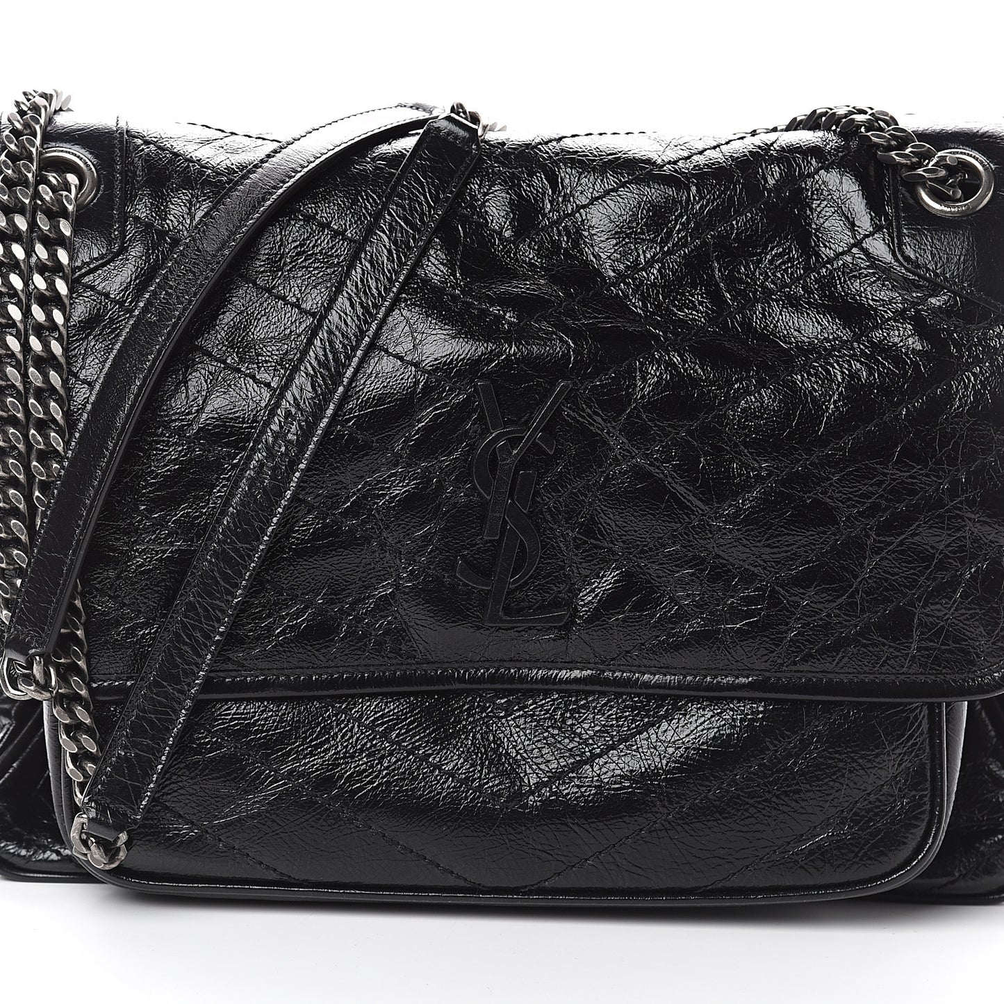 Crinkled Calfskin Matelasse Monogram Large Niki Chain Satchel Black