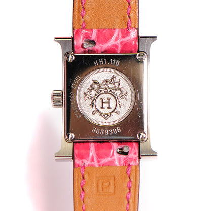Hermes Stainless Steel Alligator Diamond Mother of Pearl 21mm Heure H Hour Quartz Watch Framboise 12 of 16