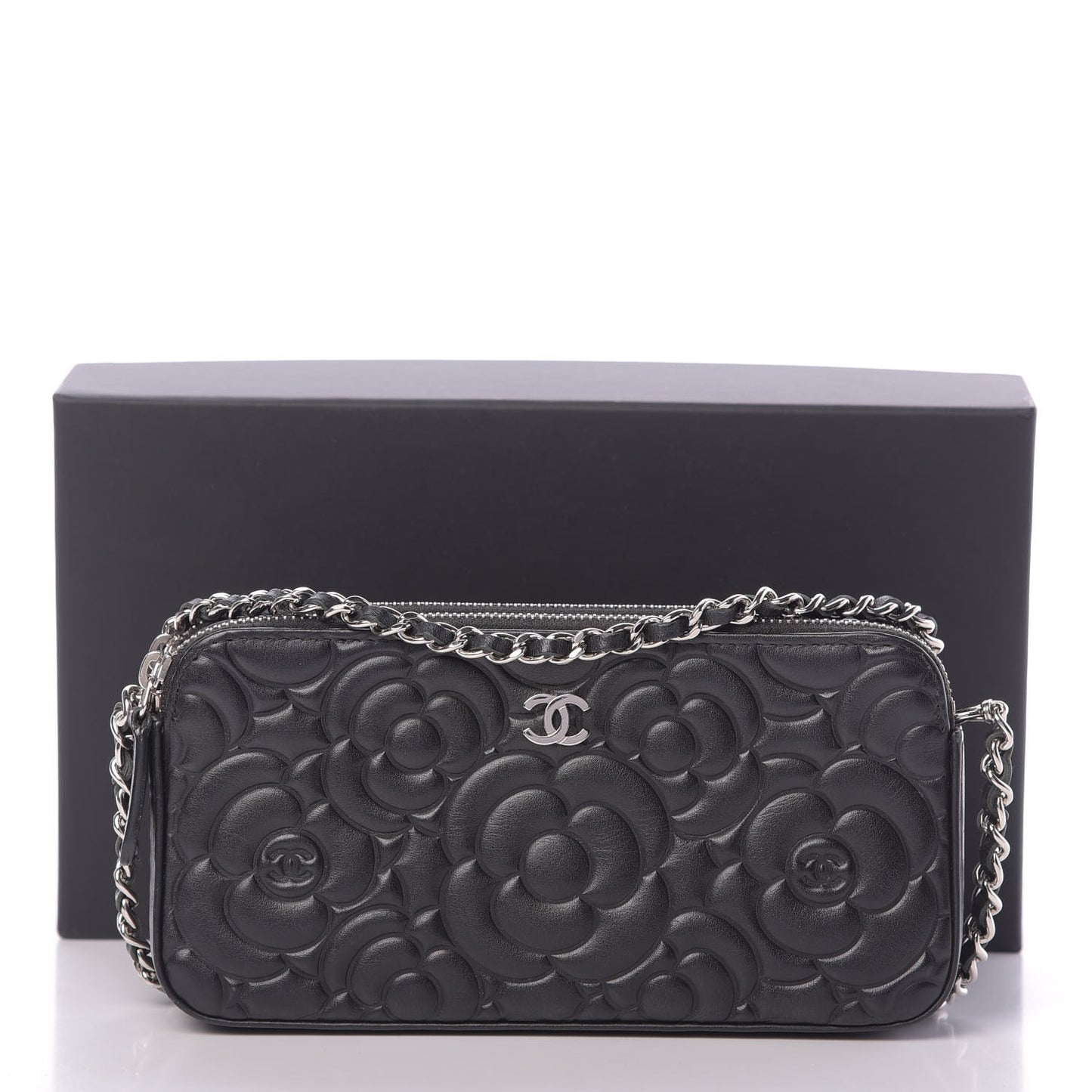Lambskin Camellia Embossed Small Clutch With Chain Black