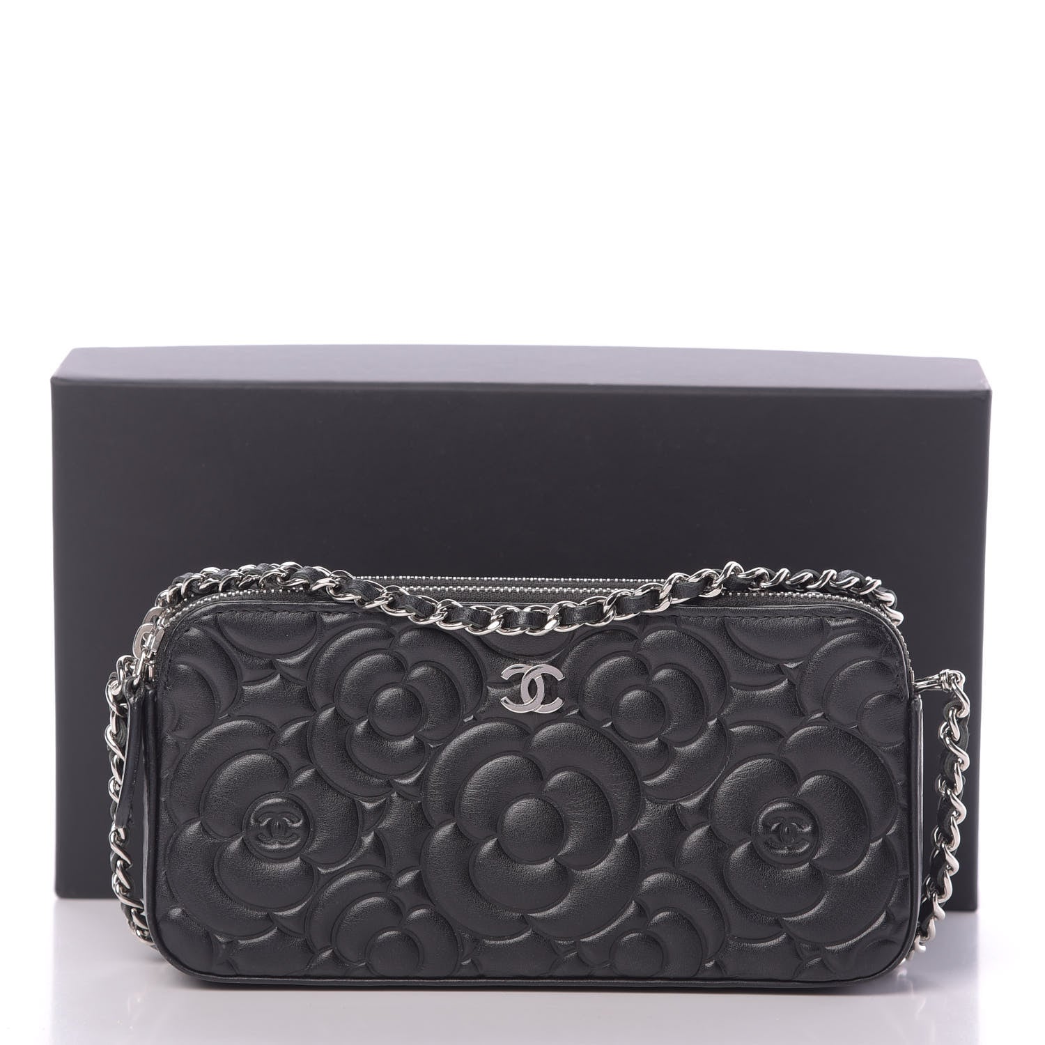 Chanel Lambskin Camellia Embossed Small Clutch With Chain Black 16 of 16