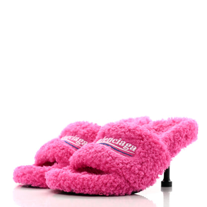 Balenciaga Faux Shearling Political Campaign Logo 80mm Sandals 36 Pink White Blue 3 of 9