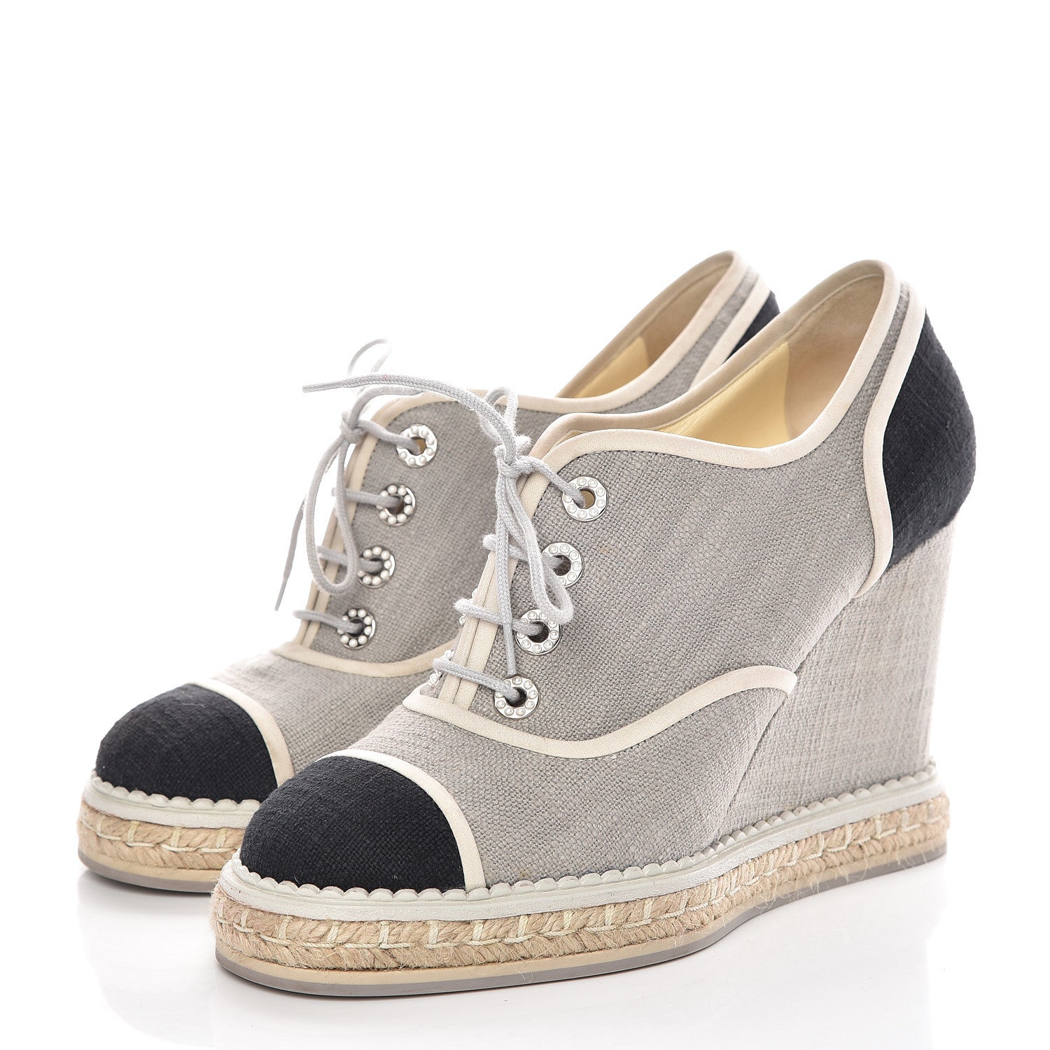 Chanel Cotton Lace Up Wedge Espadrilles 38.5 Grey Navy Blue 3 of 15