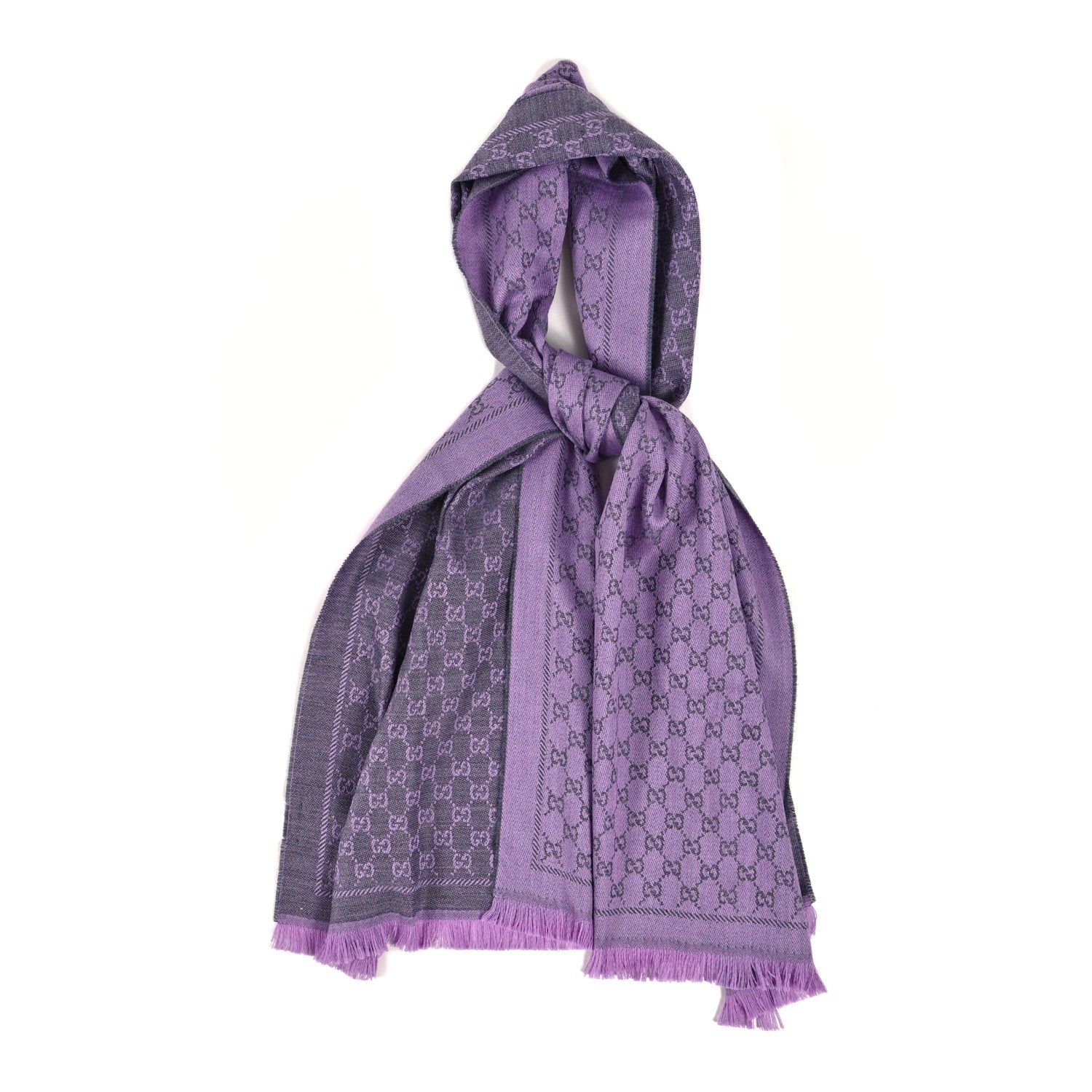 Gucci Wool GG Monogram Reversible New Sten Fringe Scarf Flannel Light Purple 1 of 8