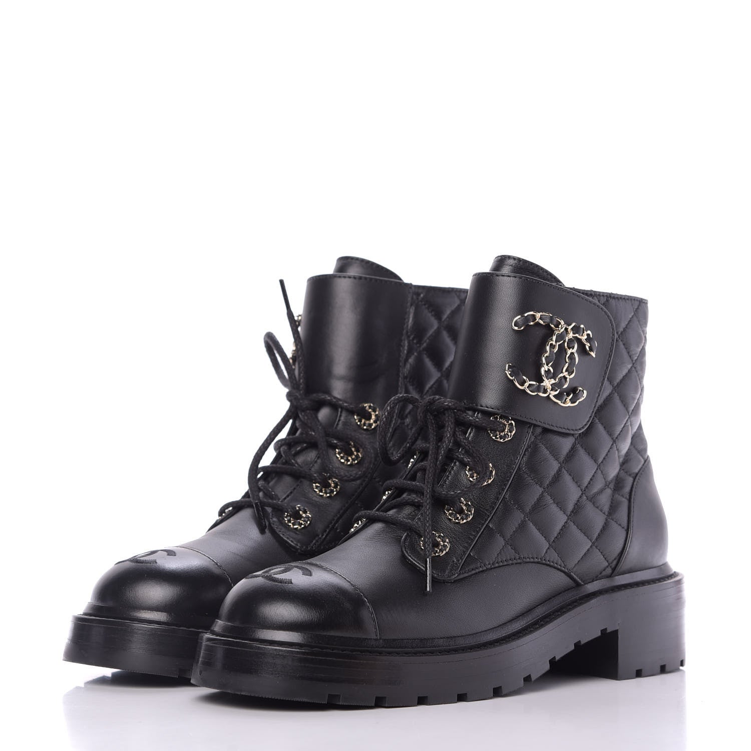 Chanel Shiny Lambskin Quilted Lace Up Combat Boots 38 Black 2 of 9