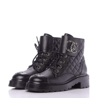 Chanel Shiny Lambskin Quilted Lace Up Combat Boots 38 Black 2 of 9