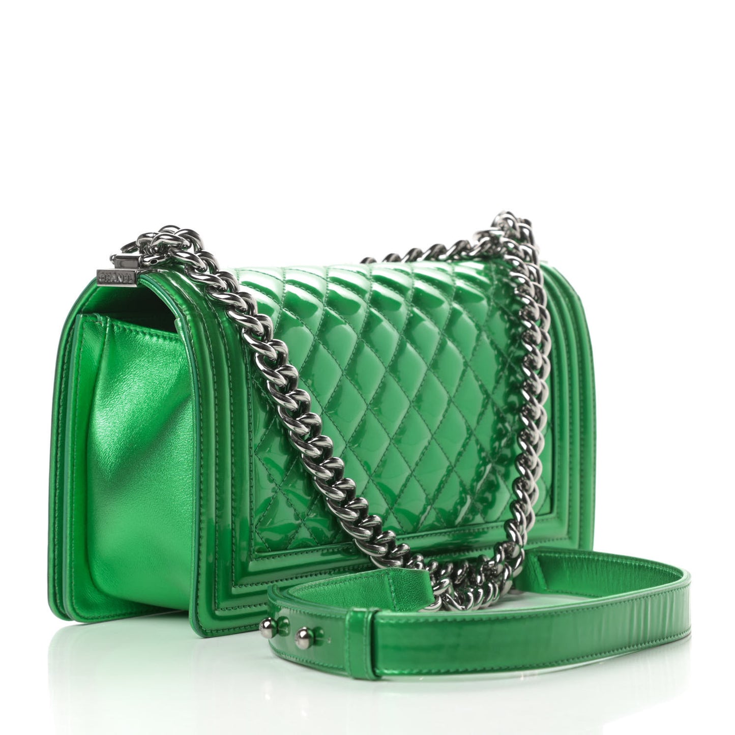 Metallic Patent Calfskin Quilted Medium Boy Flap Green