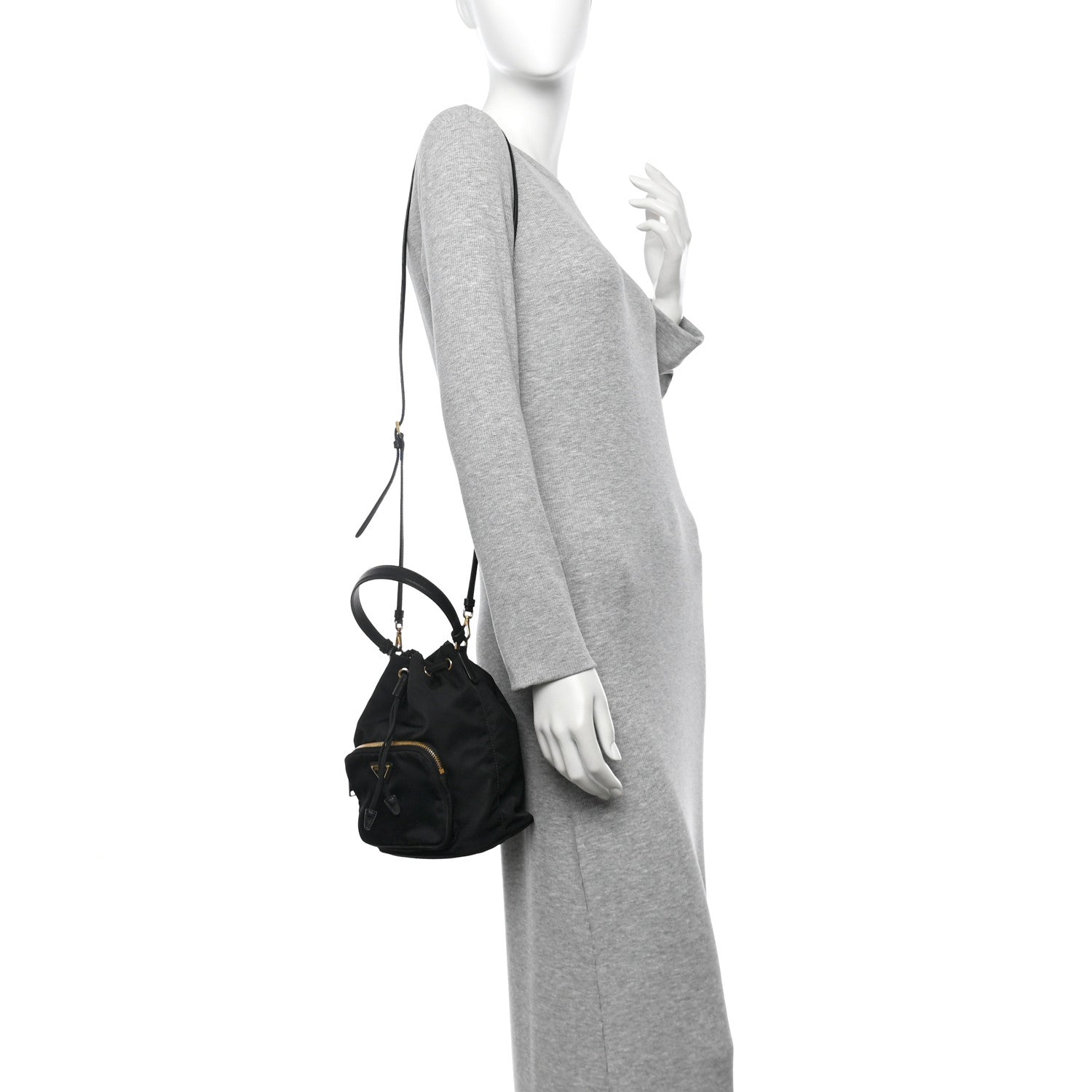 Prada Saffiano Tessuto Nylon Mini Bucket Crossbody Bag Black 2 of 13