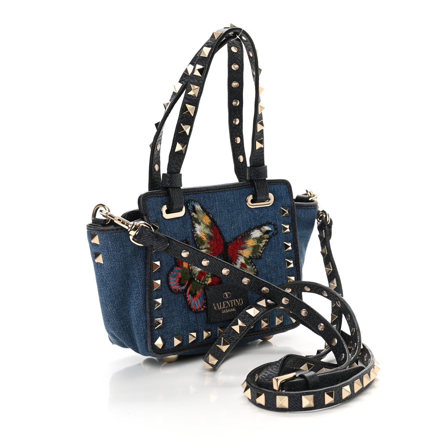 Denim Butterfly Embroidered Mini Rockstud Tote Blue Multicolor
