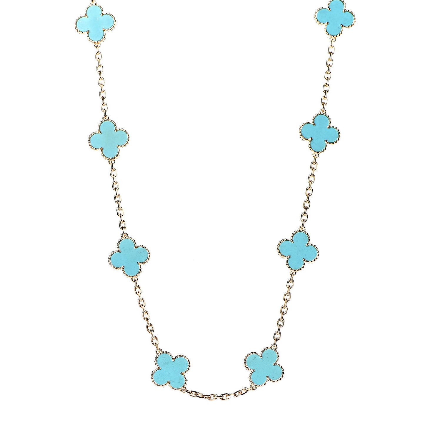 18K Yellow Gold Turquoise 10 Motifs Vintage Alhambra Necklace