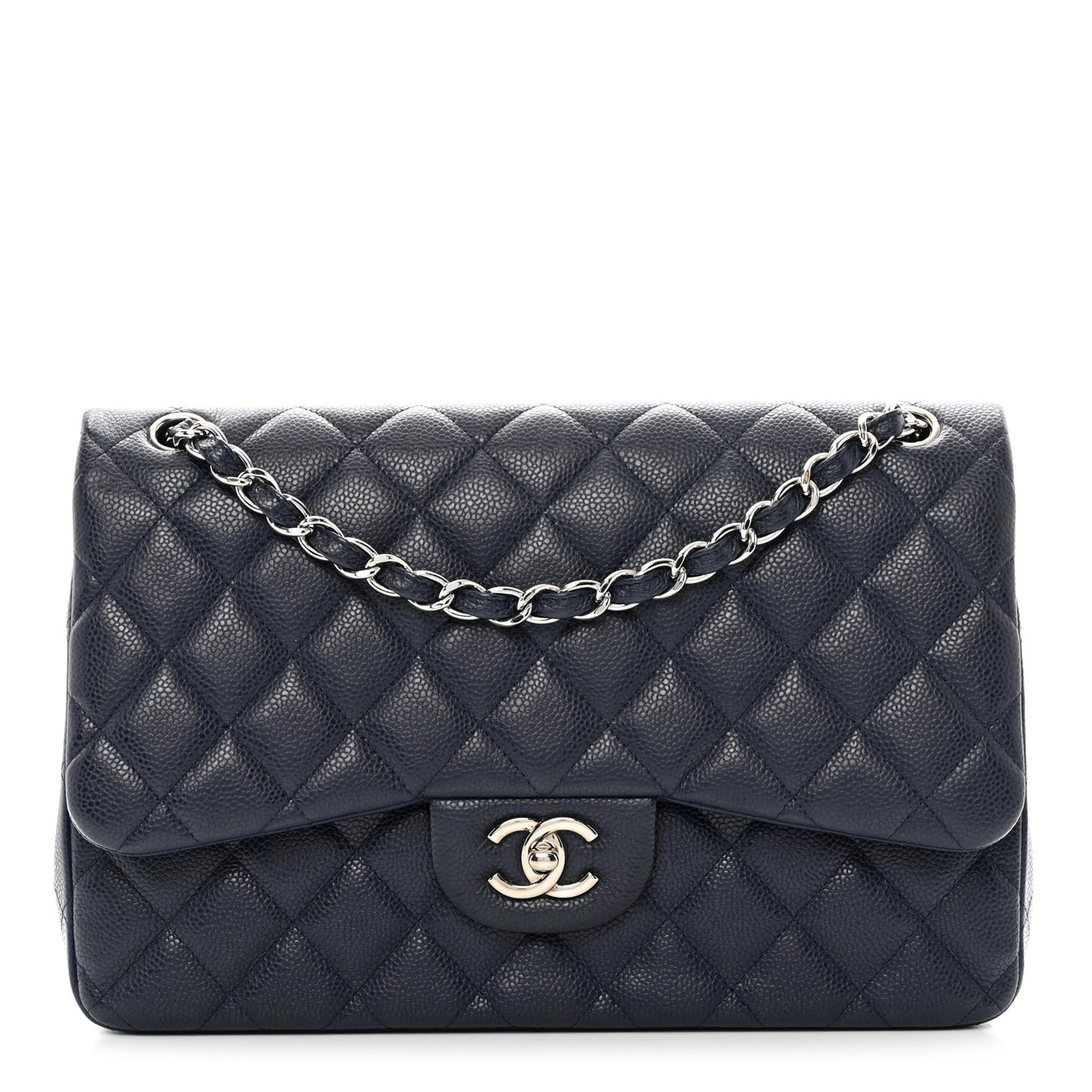 Caviar Quilted Jumbo Double Flap Navy Blue