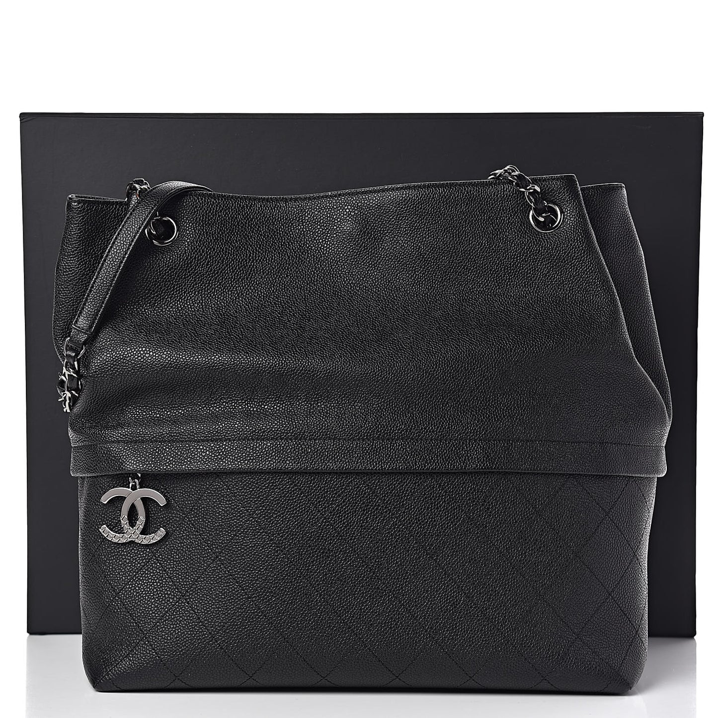 Crumpled Grained Calfskin Zip and Carry Shopping Tote Black