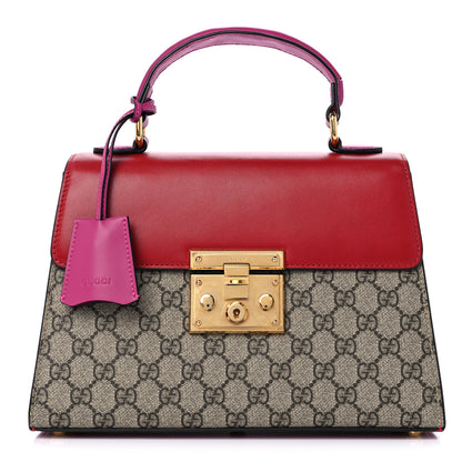 Gucci GG Supreme Monogram Calfskin Small Padlock Top Handle Bag Beige Hibiscus Red New Rosette 1 of 10