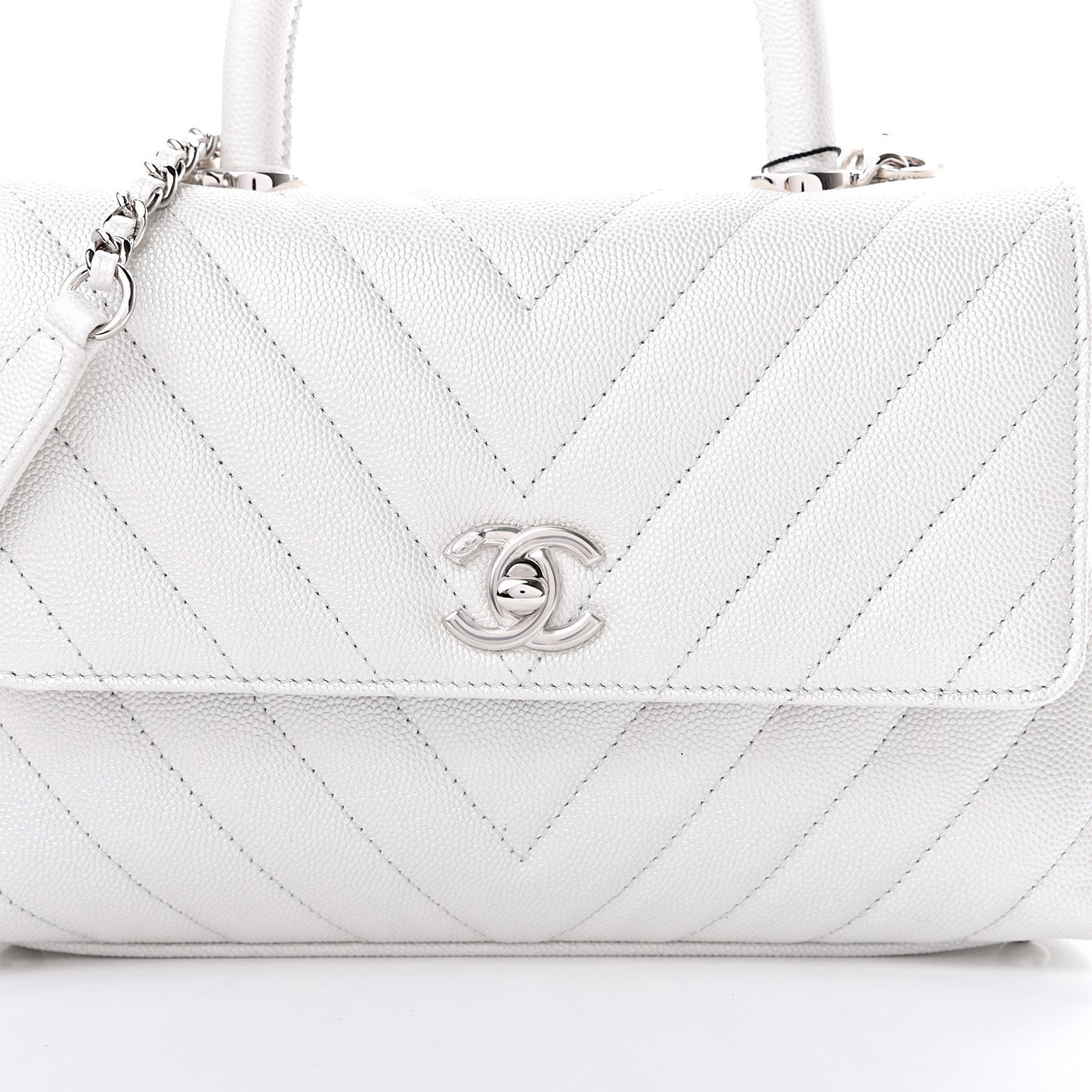 Iridescent Caviar Chevron Quilted Mini Coco Handle Flap White