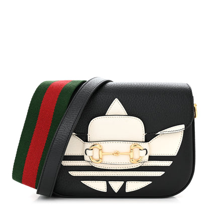 Gucci X ADIDAS Textured Dollar Calfskin Web Trefoil Mini Horsebit 1955 Shoulder Bag Black Off White 1 of 10