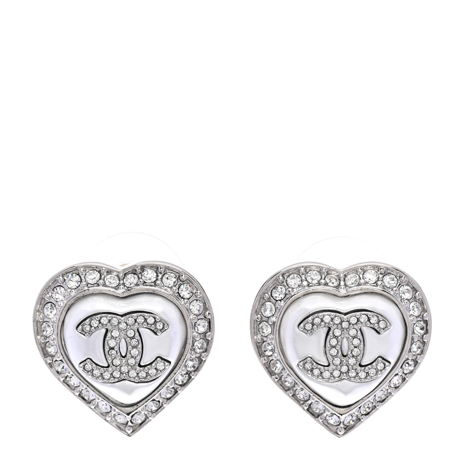 Chanel Pearl Crystal CC Heart Earrings Silver 1 of 5