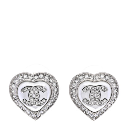 Chanel Pearl Crystal CC Heart Earrings Silver 1 of 5