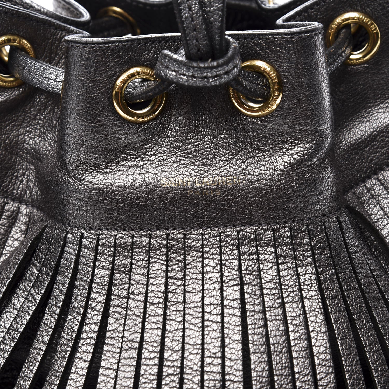 Saint Laurent Metallic Goatskin Small Emmanuelle Fringe Bucket Bag Pewter 13 of 13
