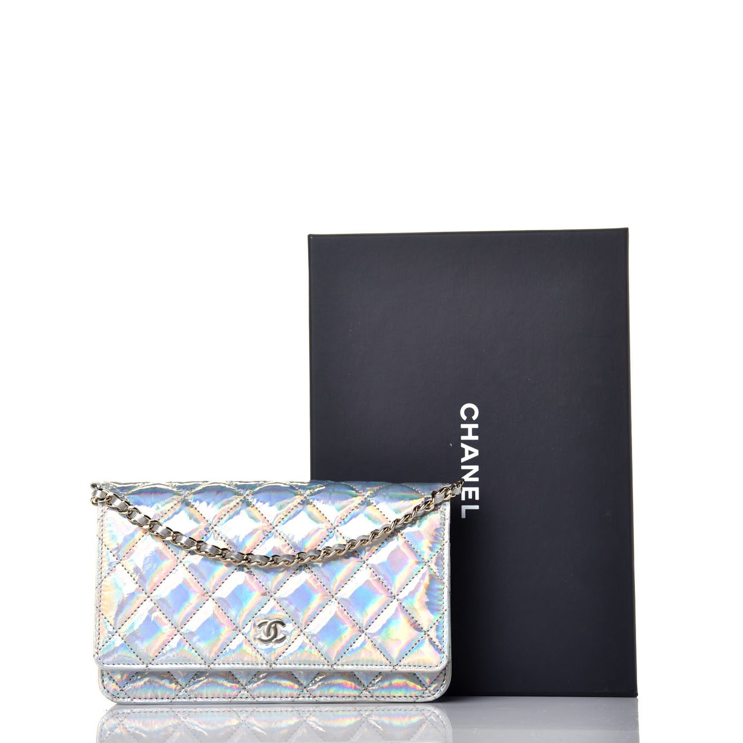 Iridescent Goatskin Quilted Wallet On Chain WOC Silver