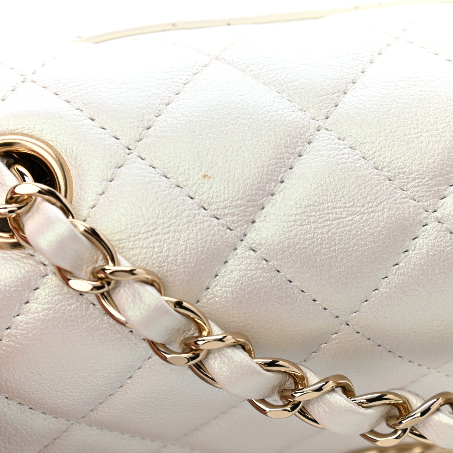 Iridescent Calfskin Quilted Mini Rectangular Flap White
