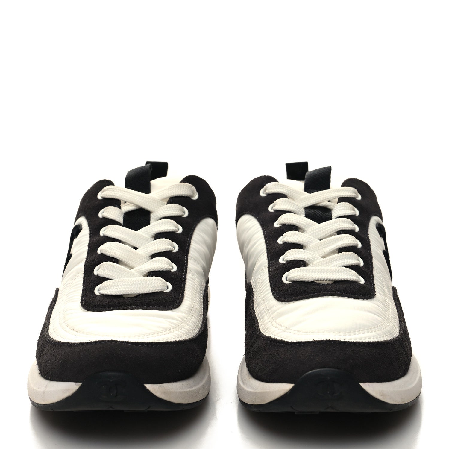 Chanel Nylon Suede Calfskin CC Sneakers 37.5 White Black 2 of 8