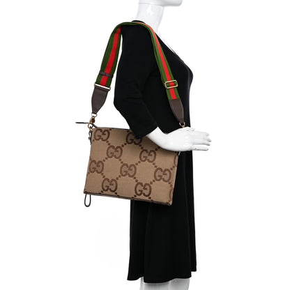 Gucci Monogram Jumbo GG Textured Dollar Calfskin Web Wristlet Messenger Bag Camel Ebony New Acero 2 of 9
