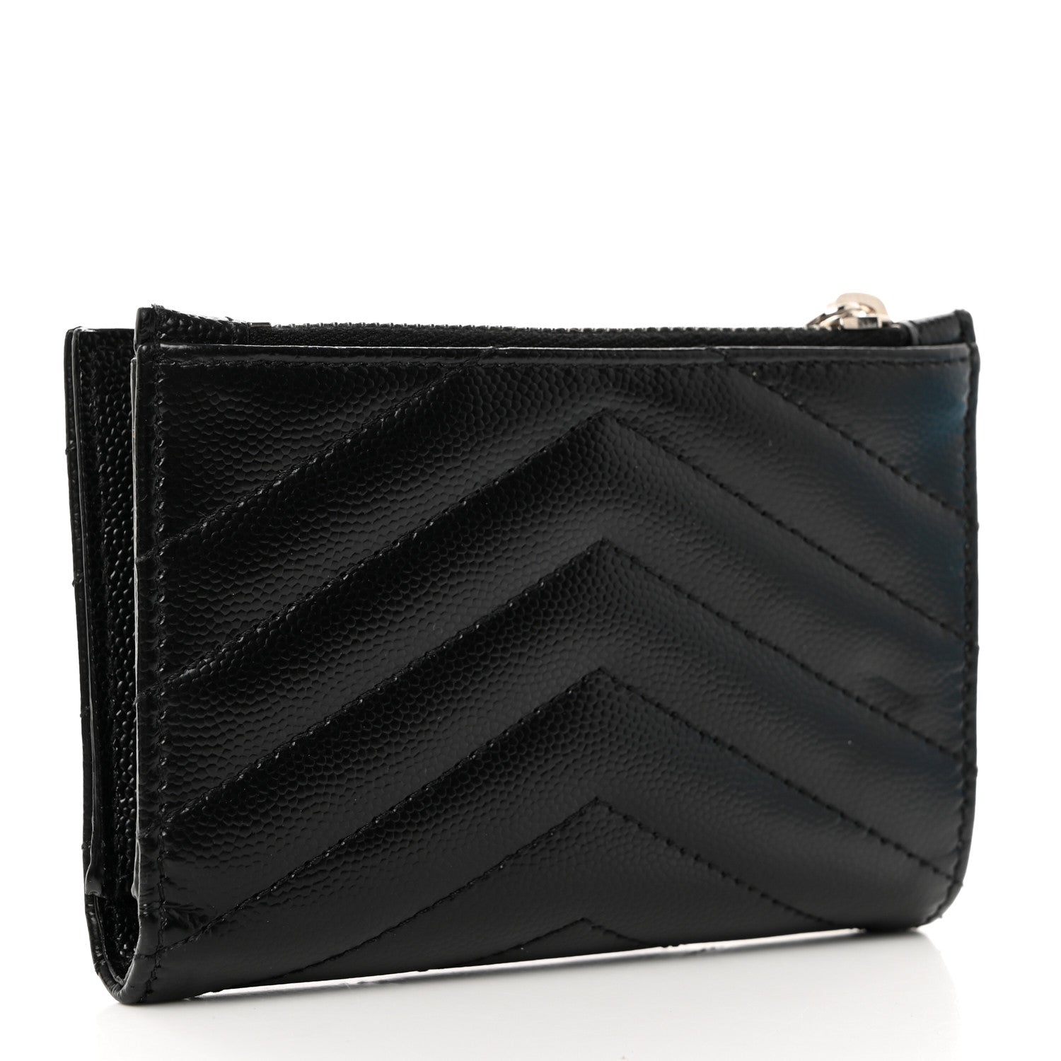 Saint Laurent Grain De Poudre Matelasse Chevron Monogram Zipped Two-Part Wallet Black 3 of 8