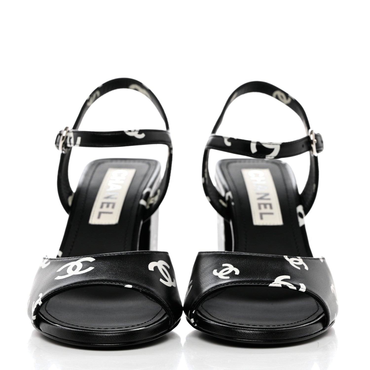 Chanel Printed Lambskin CC Sandals 37.5 Black White 2 of 9