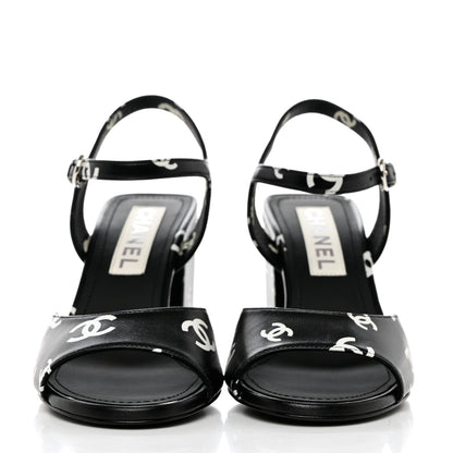 Chanel Printed Lambskin CC Sandals 37.5 Black White 2 of 9