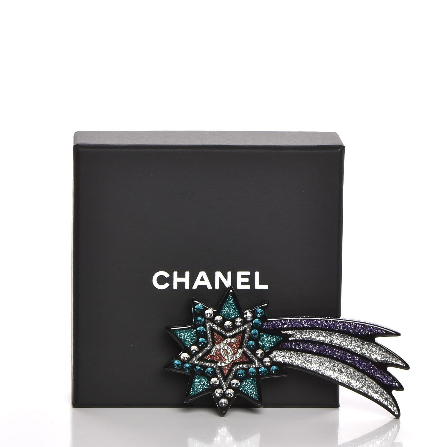 Chanel Glitter Resin CC Shooting Star Brooch Black Purple Green 5 of 5
