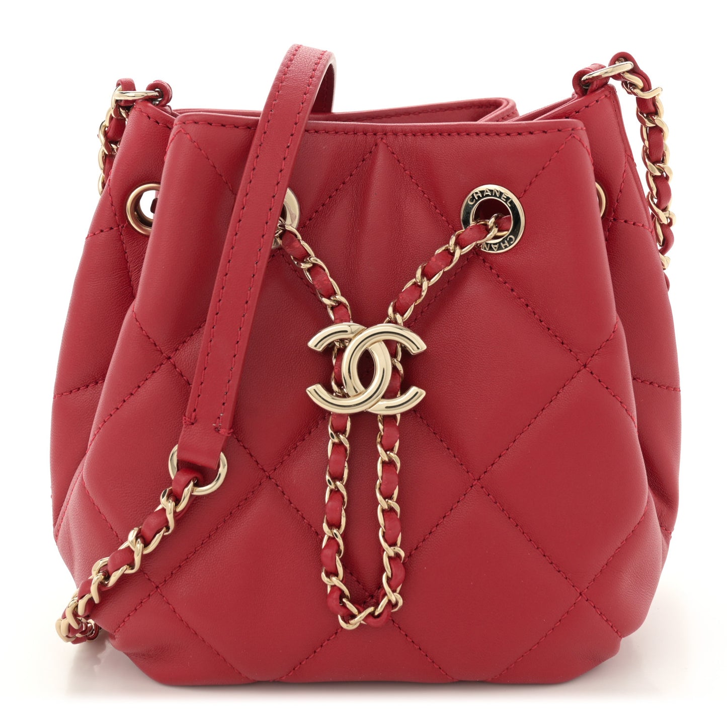 Lambskin Quilted CC Dweller Drawstring Bucket Bag Red