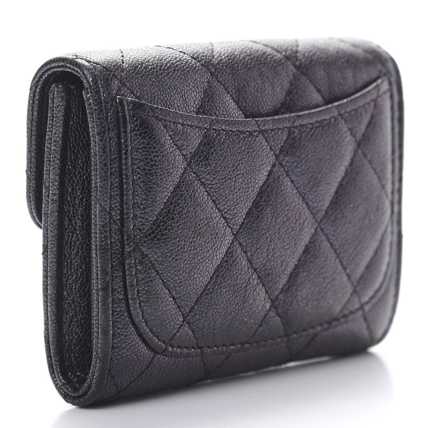 Iridescent Caviar Quilted Flap Card Holder Wallet Black