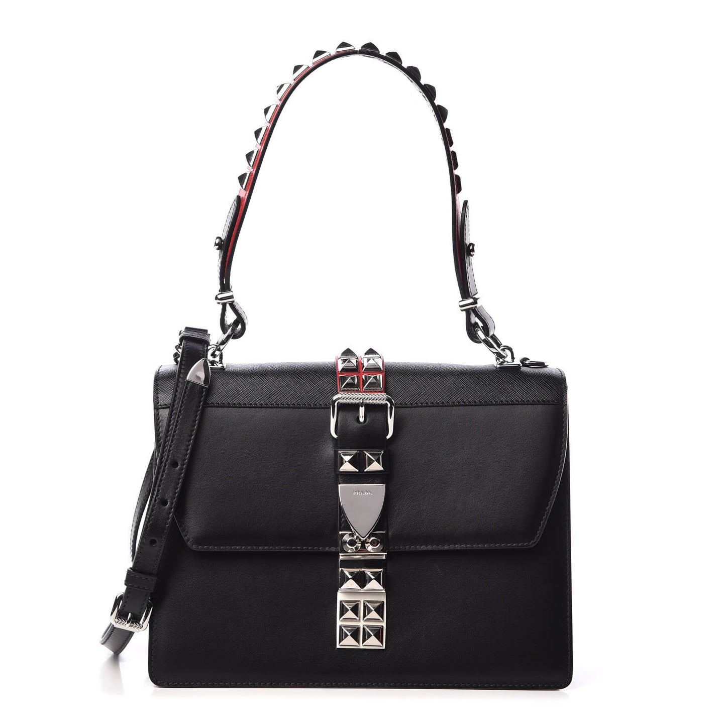 Saffiano City Calfskin Studded Elektra Shoulder Bag Black Fuoco