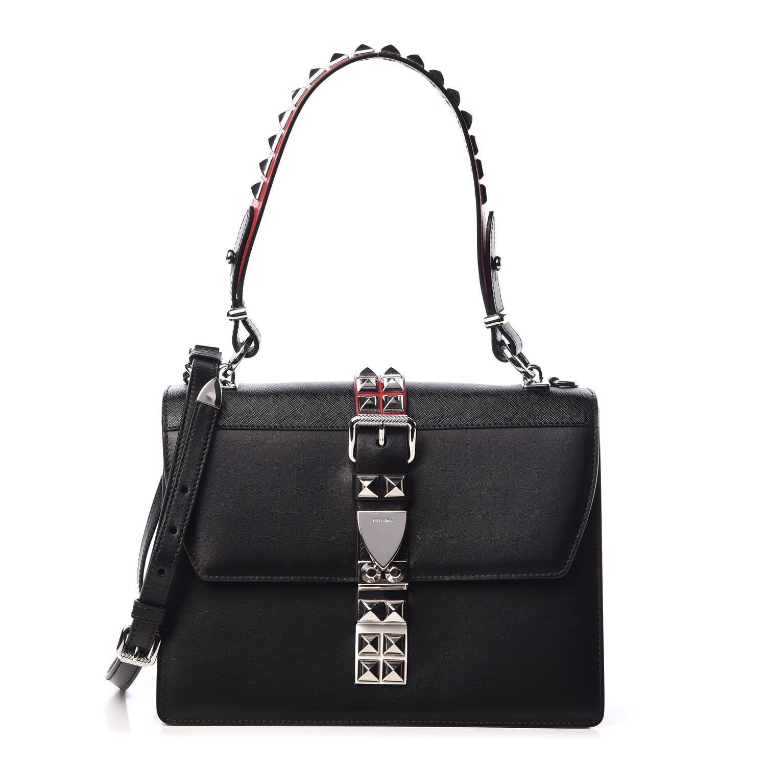 Prada Saffiano City Calfskin Studded Elektra Shoulder Bag Black Fuoco 1 of 12