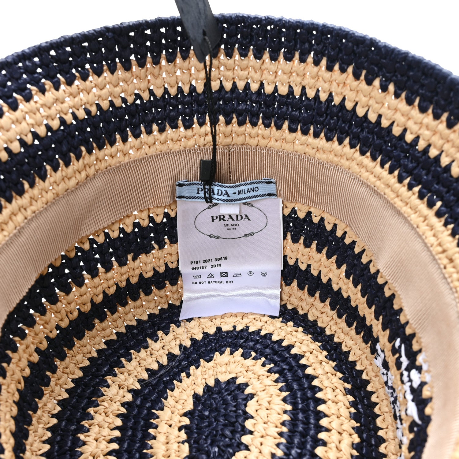 Prada Raffia Striped Logo Embroidered Womens Bucket Hat M Naturale