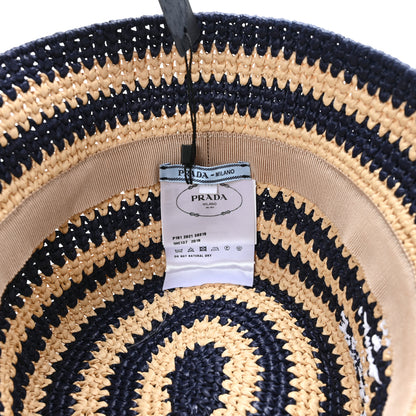 Prada Raffia Striped Logo Embroidered Womens Bucket Hat M Naturale Baltico 8 of 8