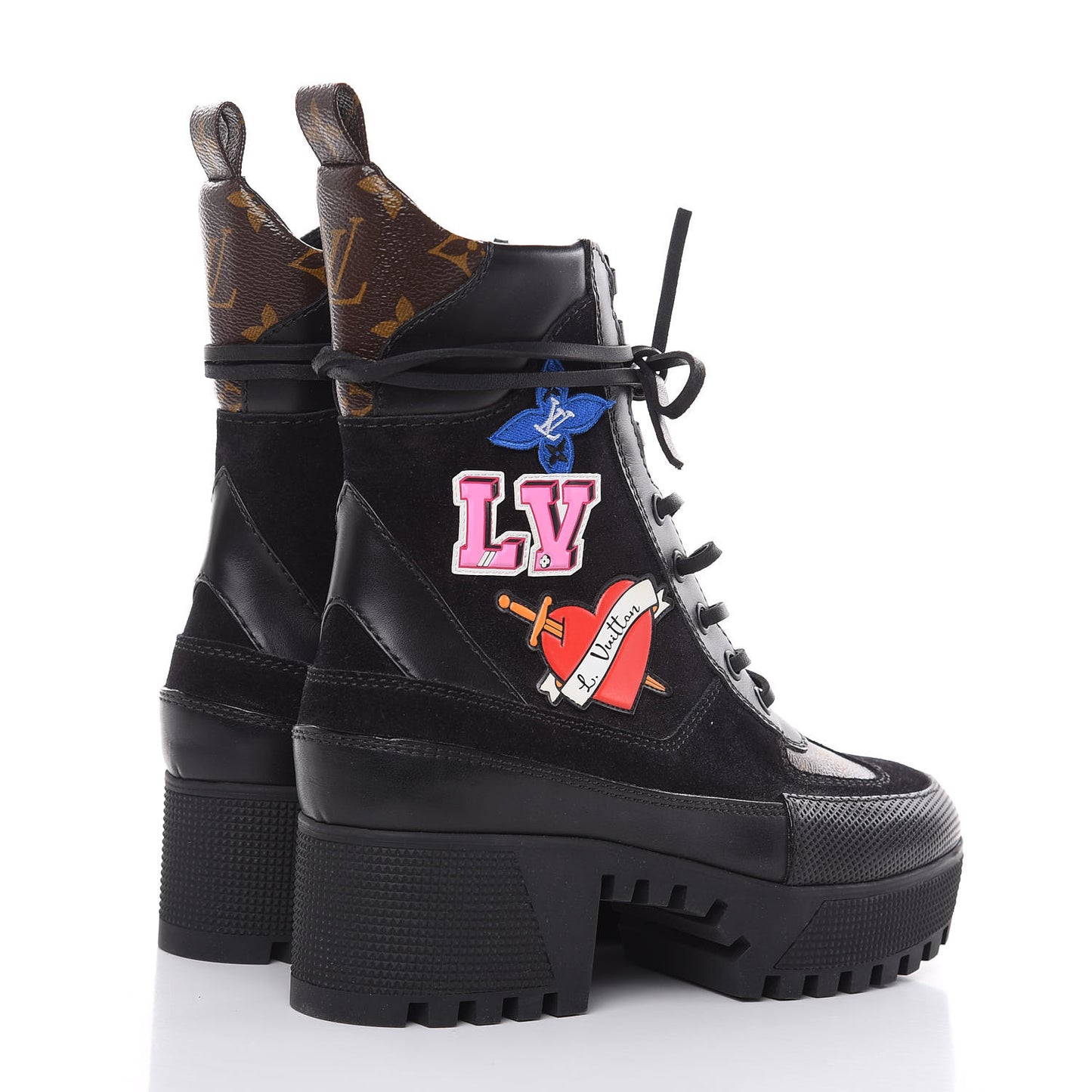 Suede Calfskin Monogram LV Black Heart Laureate Platform Desert Boots 36 Black