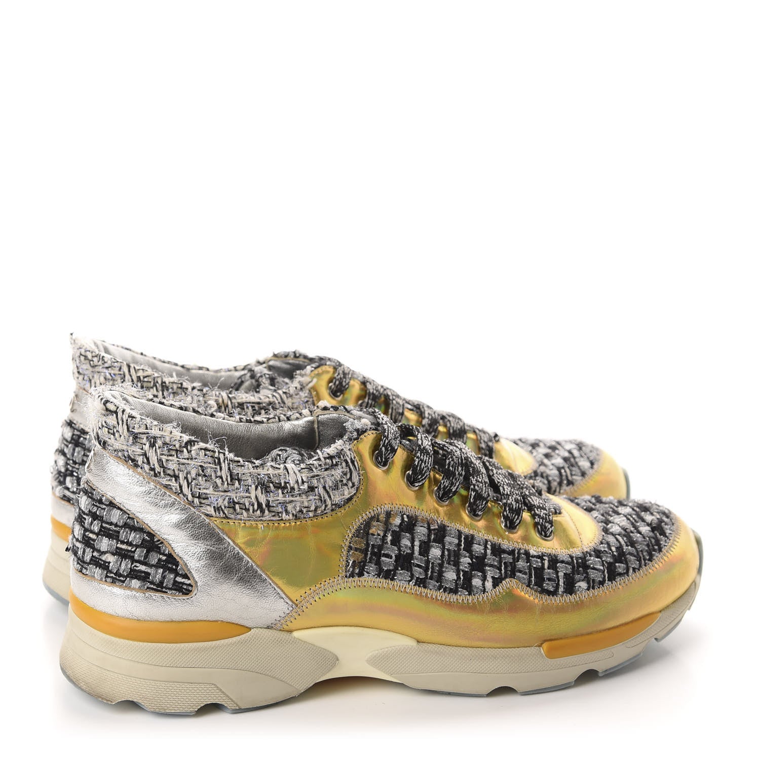 Chanel Tweed Lambskin Tennis Sneakers 36.5 Black White Argent 4 of 13