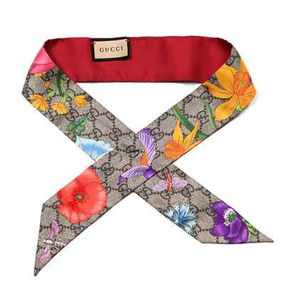 Gucci Silk Twill GG Monogram Special Flory Neck Bow Scarf Beige Red 1 of 4