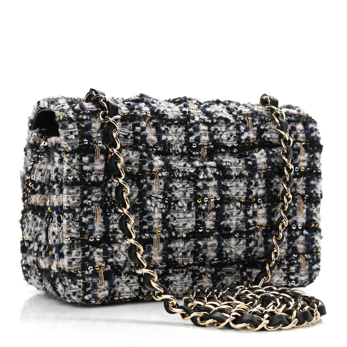 Glittered Tweed Quilted Mini Rectangular Flap Navy Blue