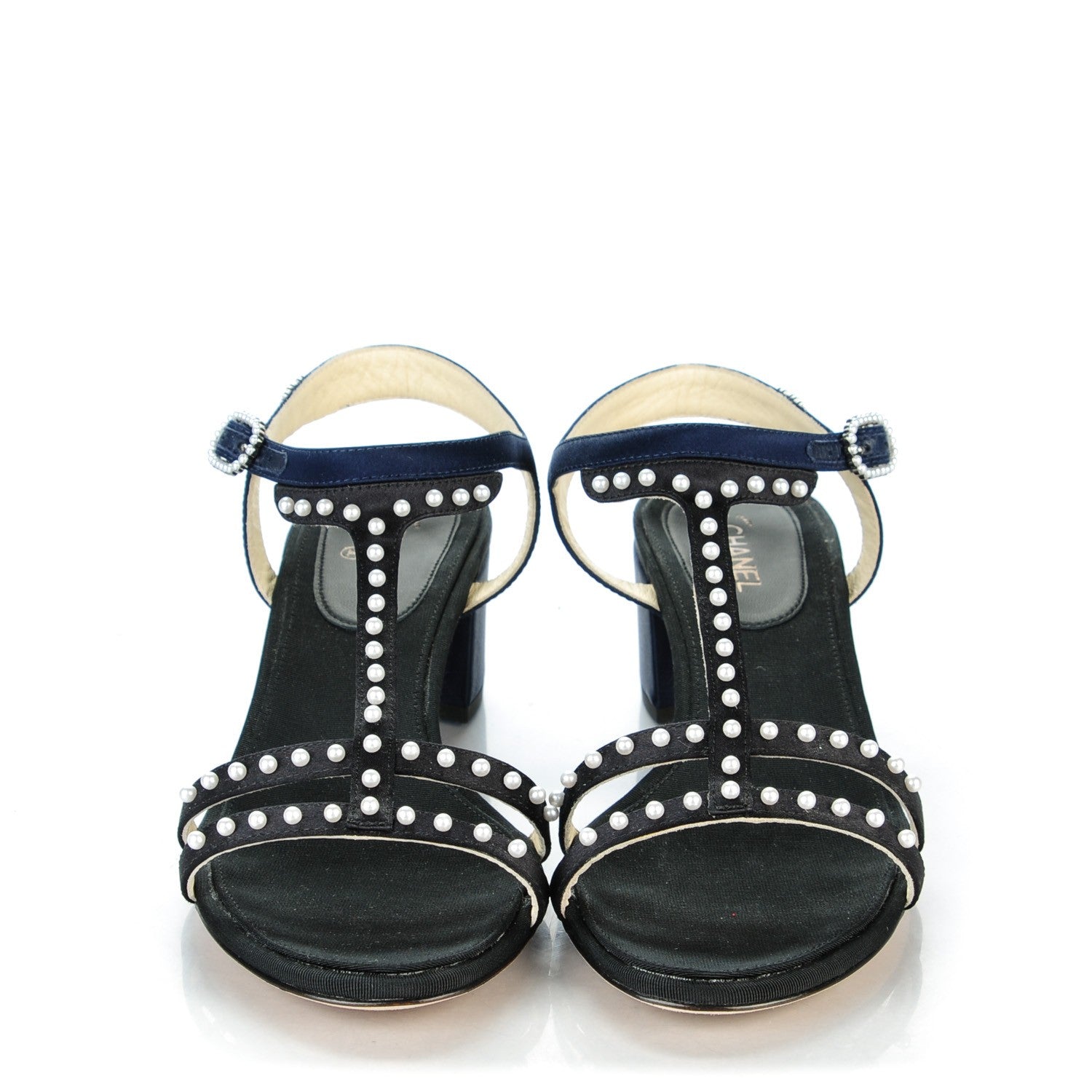 Chanel Satin Pearl Sandals 37.5 Black Navy 2 of 8