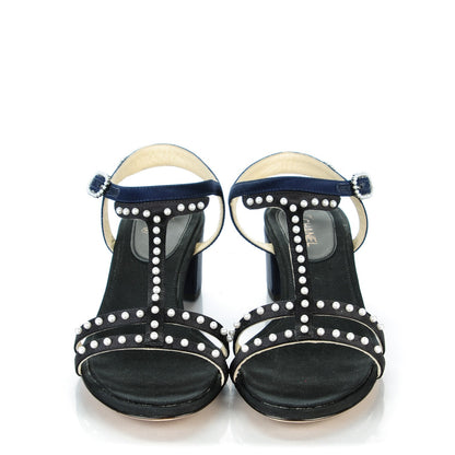 Chanel Satin Pearl Sandals 37.5 Black Navy 2 of 8