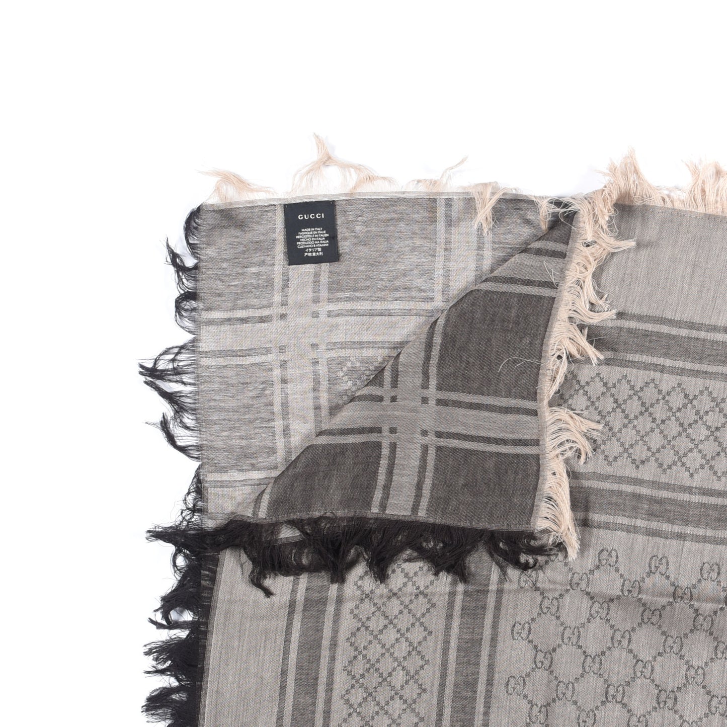 Wool Silk GG Monogram Diamante Plaid Surviee Shawl Beige Dark Brown