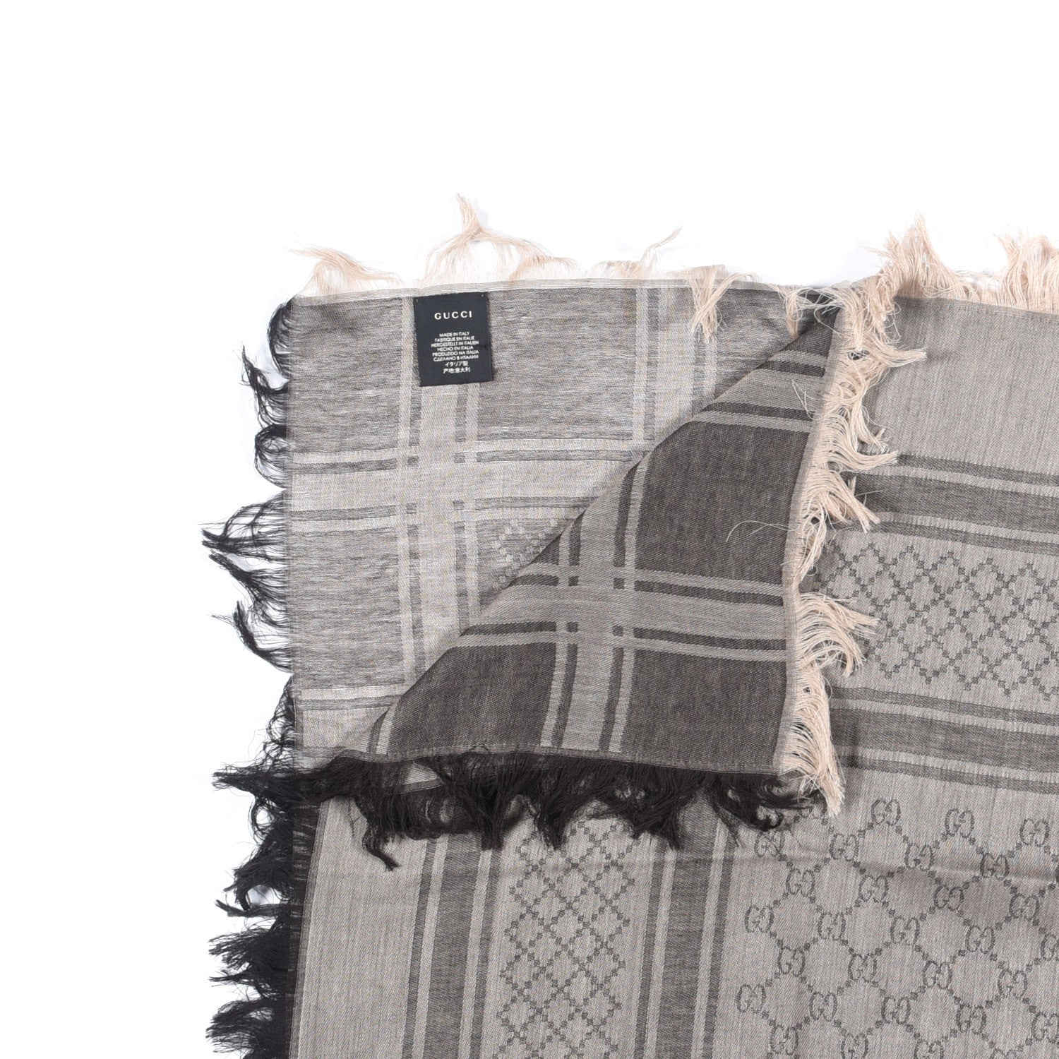 Gucci Wool Silk GG Monogram Diamante Plaid Surviee Shawl Beige Dark Brown 3 of 3
