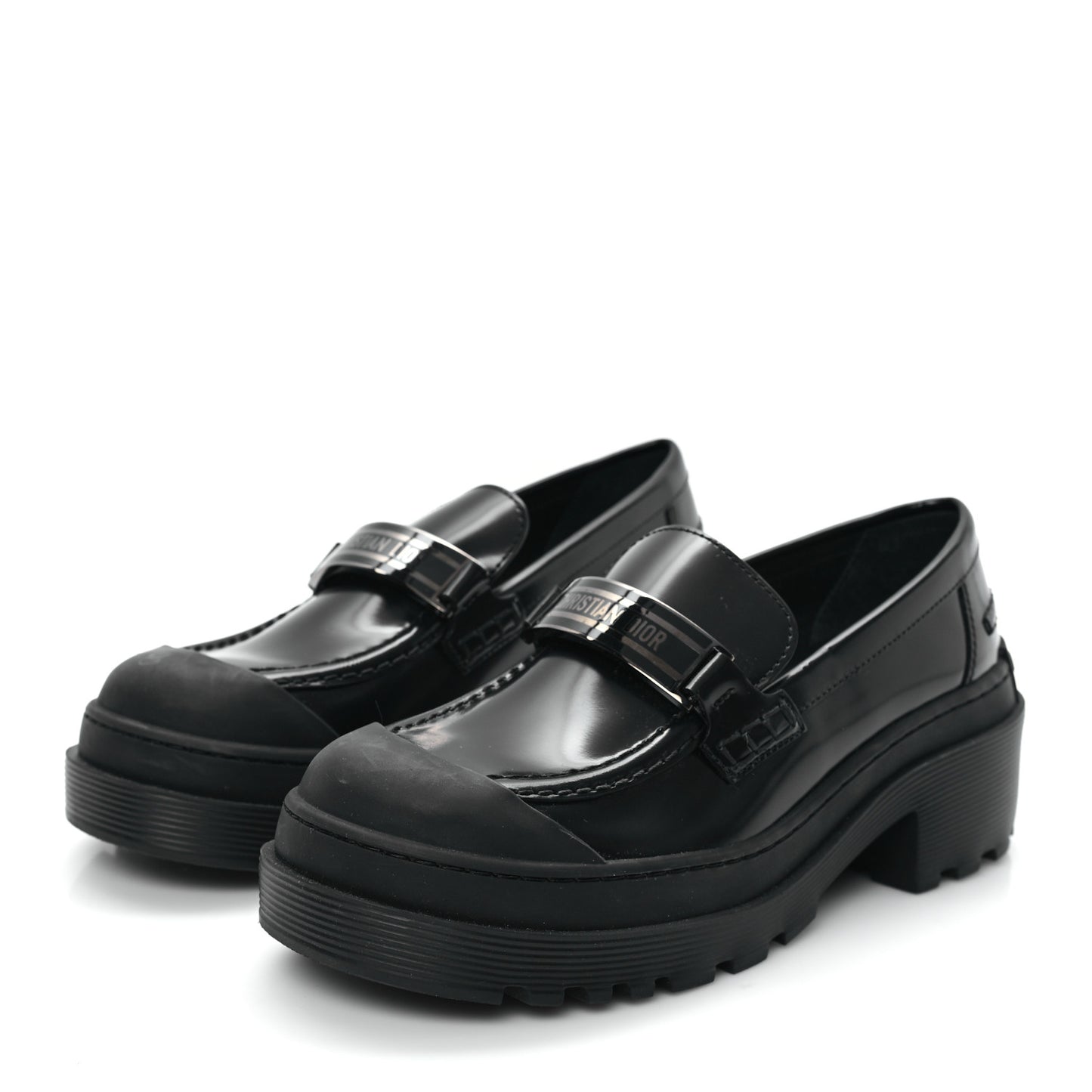 Brushed Calfskin Rubber Dior Code Cap Toe Lug Sole 15mm Loafers 35 Black