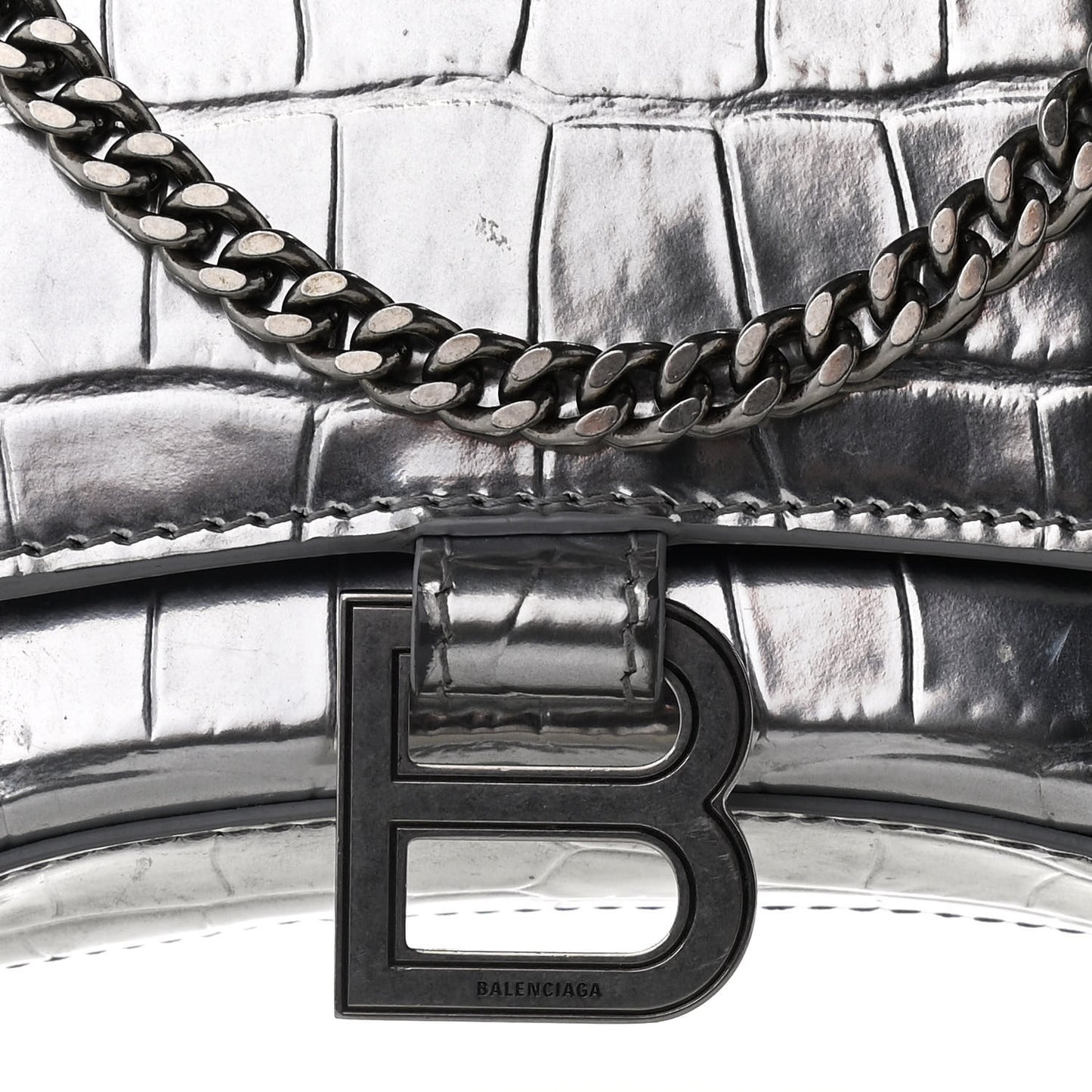 Metallic Calfskin Crocodile Embossed Hourglass Chain Bag Silver