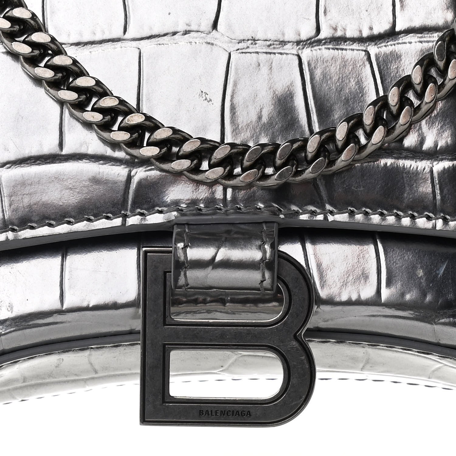 Balenciaga Metallic Calfskin Crocodile Embossed Hourglass Chain Bag Silver 8 of 10