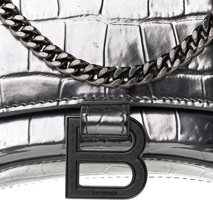 Balenciaga Metallic Calfskin Crocodile Embossed Hourglass Chain Bag Silver 8 of 10