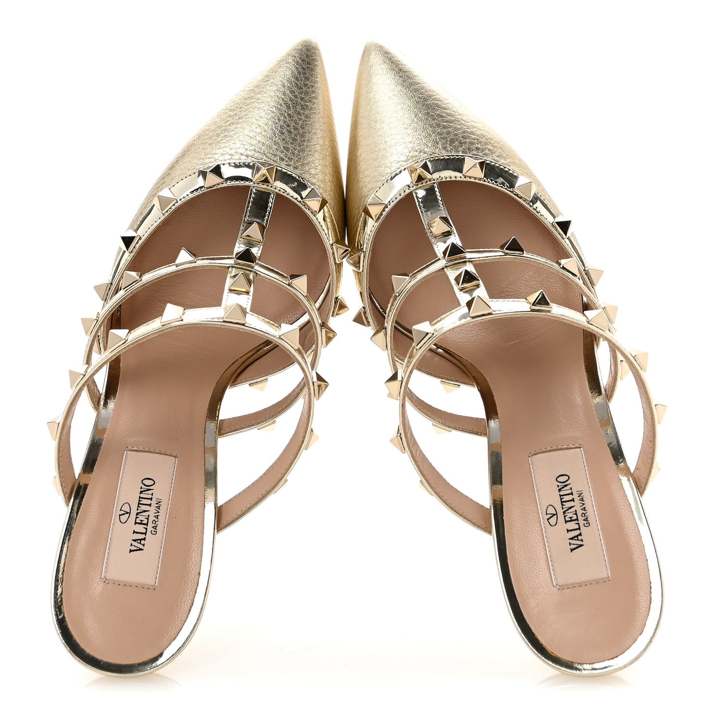 Metallic Pebbled Calfskin Rockstud 90mm Cage Mules 39 Platino