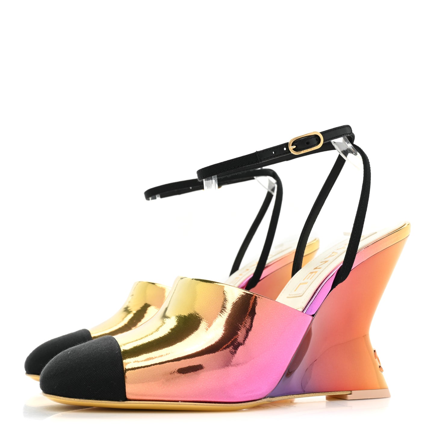 Laminated Calfskin Grosgrain Cap Toe CC Slingbacks 36 Pink Orange Yellow Black